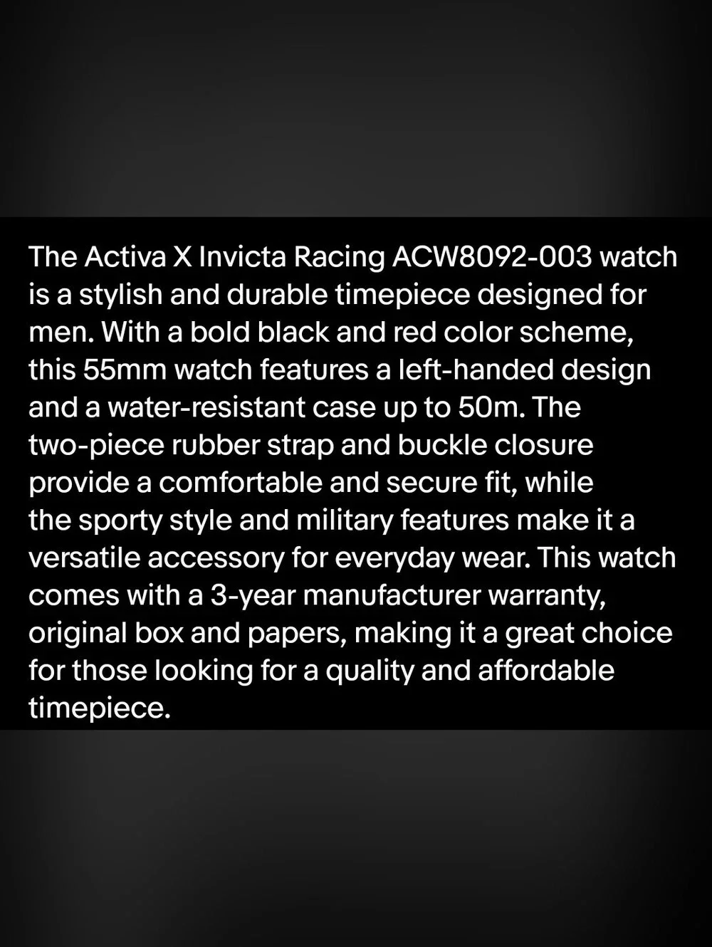 Activa X Invicta Racing Mens Black & Red 55mm Watch ACW8092-003 NIB $99 Retail